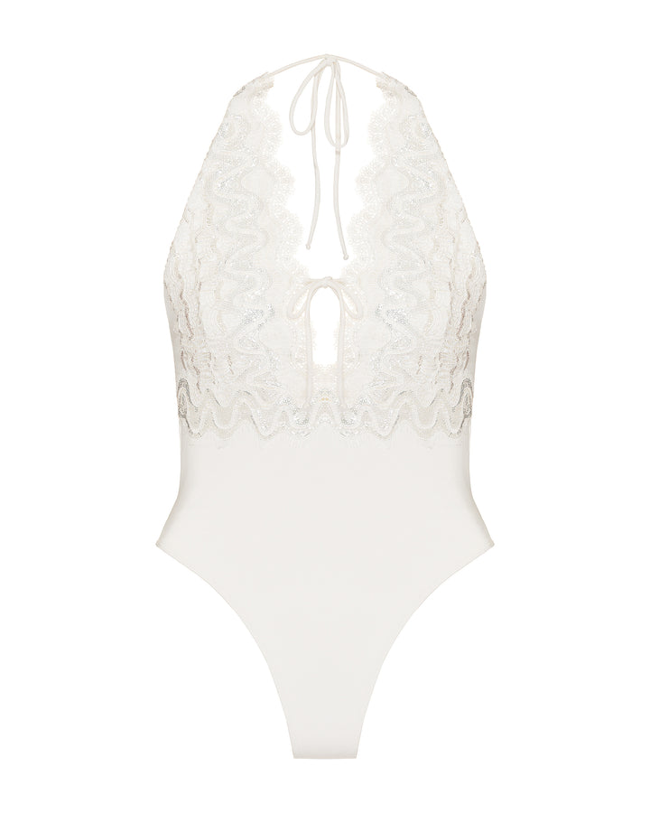 Embroidered Sequin Swimsuit Off White