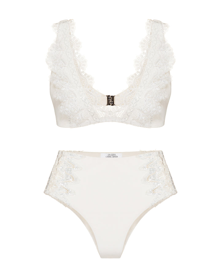 Embroidered Sequin Top + Embroidered Sequin Hot Pants - Off White