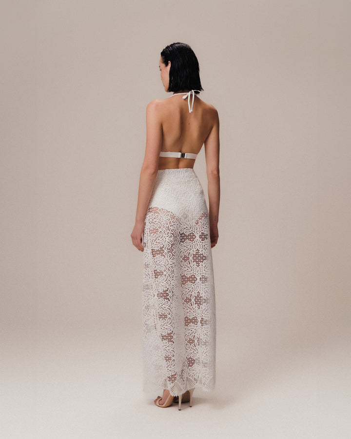 Organic Embroidered Long Skirt Off White