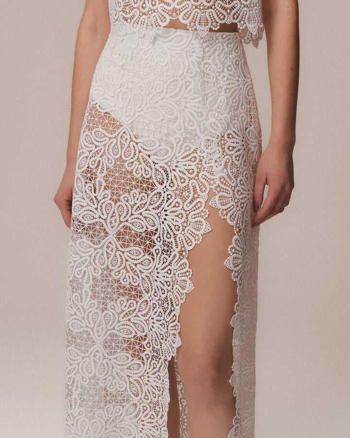 Organic Embroidered Long Skirt Off White