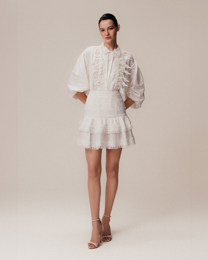 Short Ruffled Linen Skirt Off White