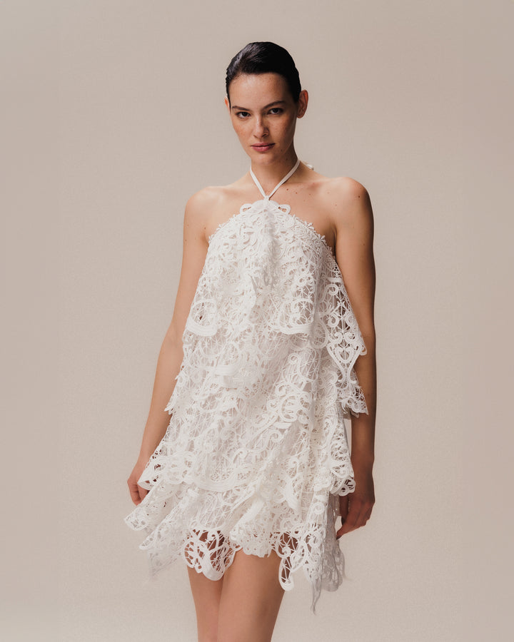 Halter Neck Ruffled Voile Dress Off White